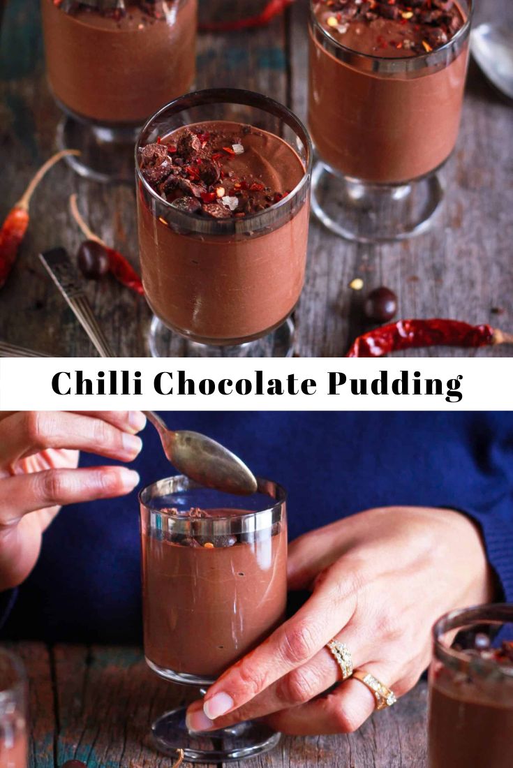 chocolate pudding in small glasses with spoons on the side and two pictures showing how to make it