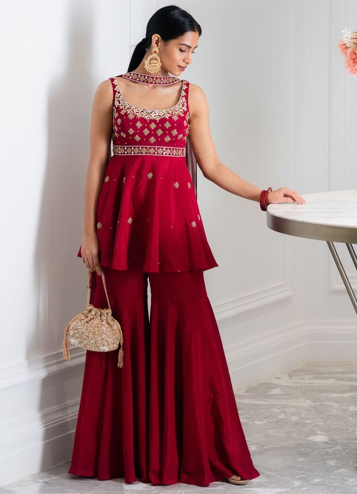 Maroon Peplum Kurta and Sharara Set - Ready to Ship Rashika Sharma - Fabilicious Fashion Chiffon Sharara, Choker Dupatta, Kurta And Sharara Set, Brother Wedding, Kurta And Sharara, Sharara Designs, Sharara Pants, Karwa Chauth, Indian Dresses Traditional