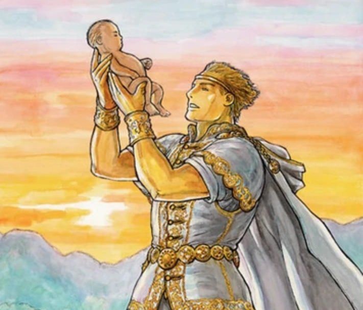 a painting of a man holding a baby up to his face with mountains in the background