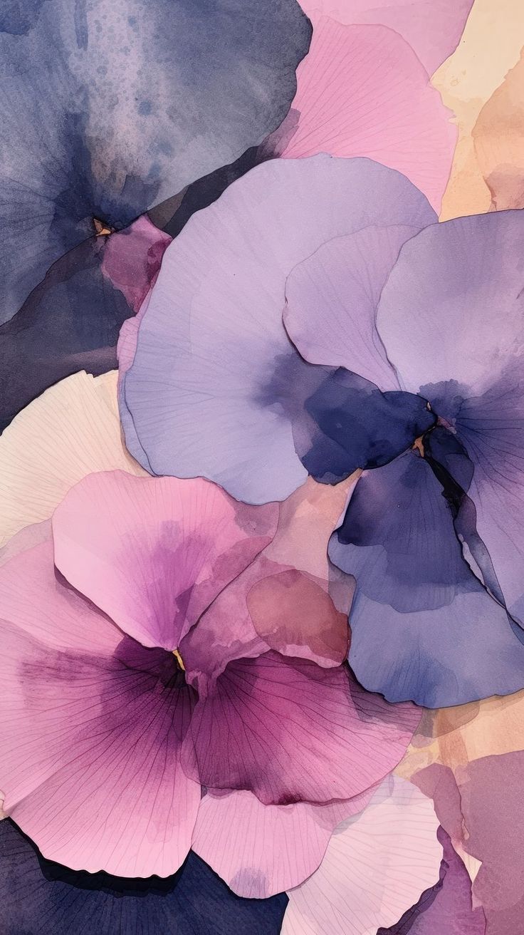 purple and blue flowers are arranged together on the ground with watercolor paper behind them