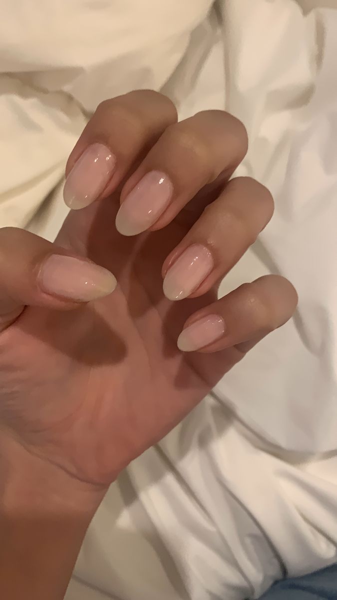 Acrylic Nails Sheer Pink, Bare Pink Nails, Sheer Pink Natural Nails, Light Pink Jelly Nails Almond, Dewy Pink Nails, Light Pink Transparent Nails, Semi Sheer Nails, Milk Jelly Nails, Translucent Nude Nails