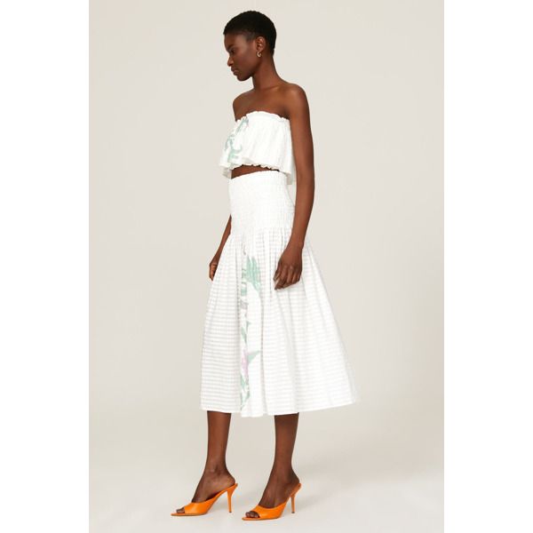 White cotton (100% Cotton). Maxi. 34" from waist to hemline. Imported. White Printed Beach Skirt, Summer Off-white Tiered Skirt, Playful White Cotton Skirt, White Voluminous Tiered Mini Skirt, White Floral Print Tiered Mini Skirt, Tanya Taylor, Rent The Runway, Closet Designs, Matching Top