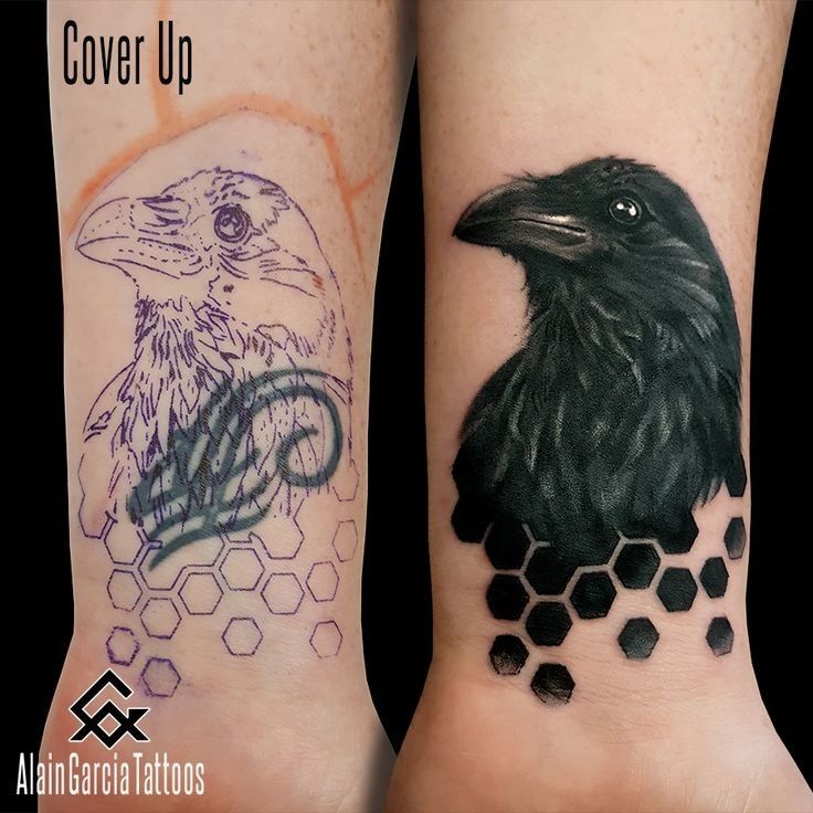 two tattoos on the legs of people with black and grey ink, one has a bird and honeycombs