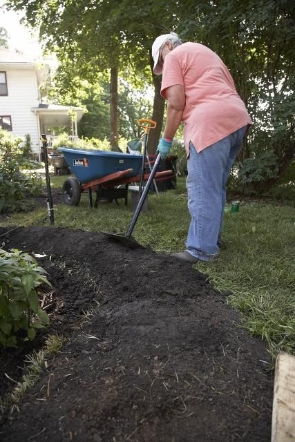 a woman is digging in the yard with a shovel