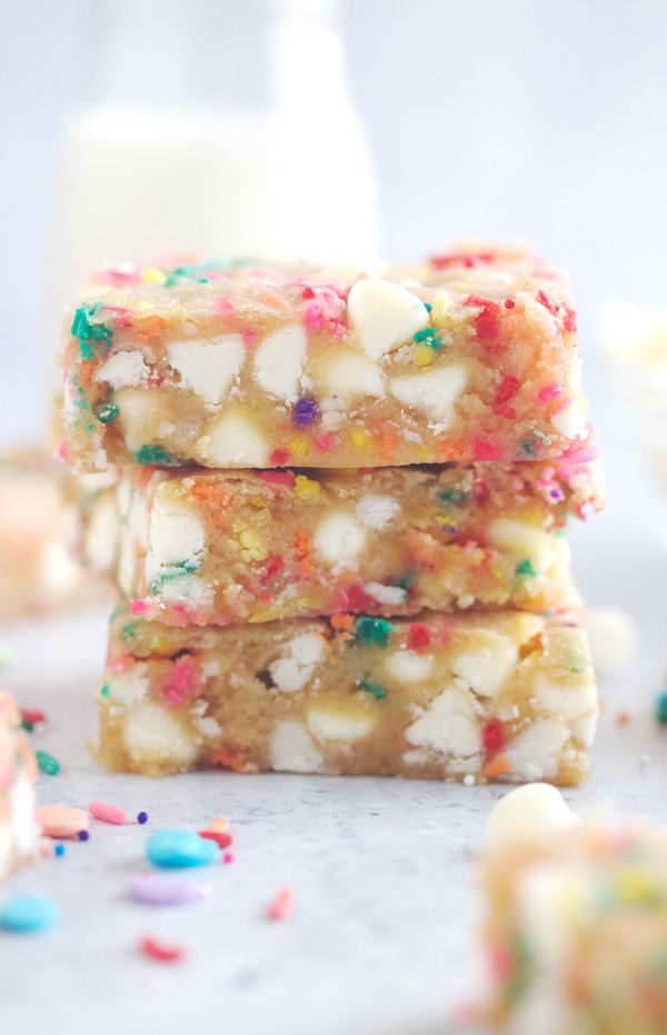 three pieces of cake mix cookies with sprinkles