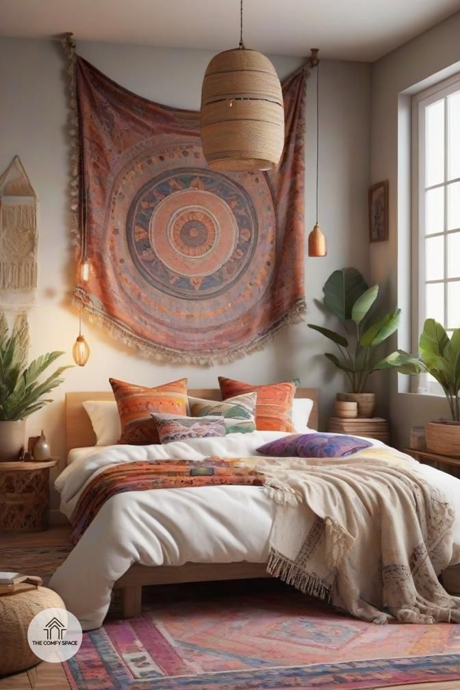 a bedroom with a large tapestry hanging over the bed