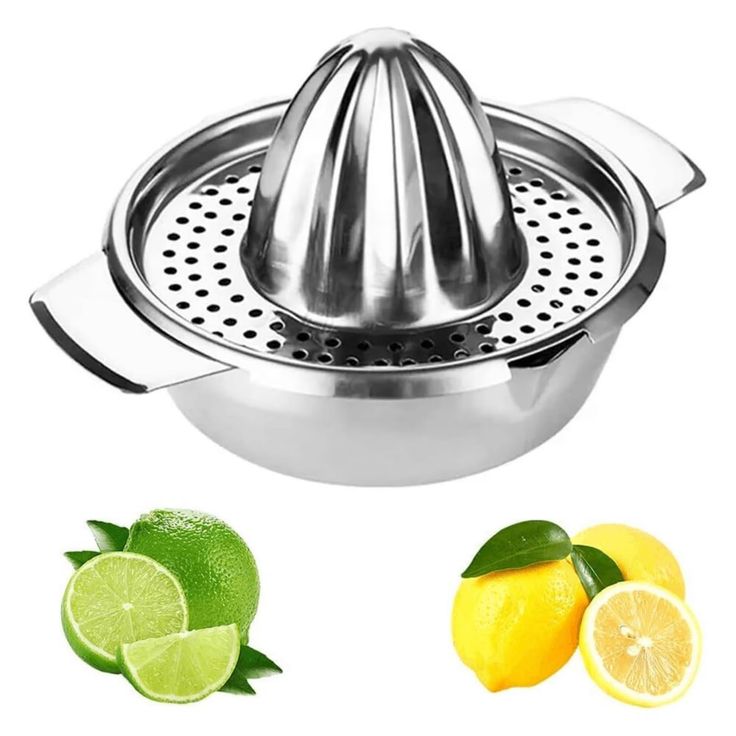 a strainer with lemons and limes next to it on a white background