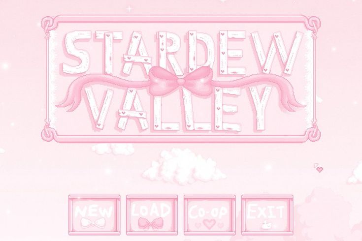 the logo for stardew valley is displayed on a pink background with clouds and stars