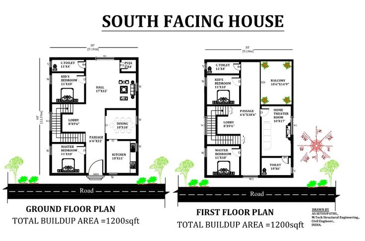 the floor plan for south facing house, which is located in an area with trees and bushes