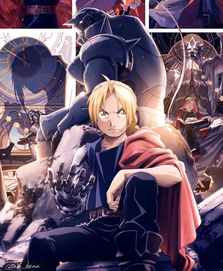 an anime character sitting on the ground next to a giant clock and another character standing in front of him