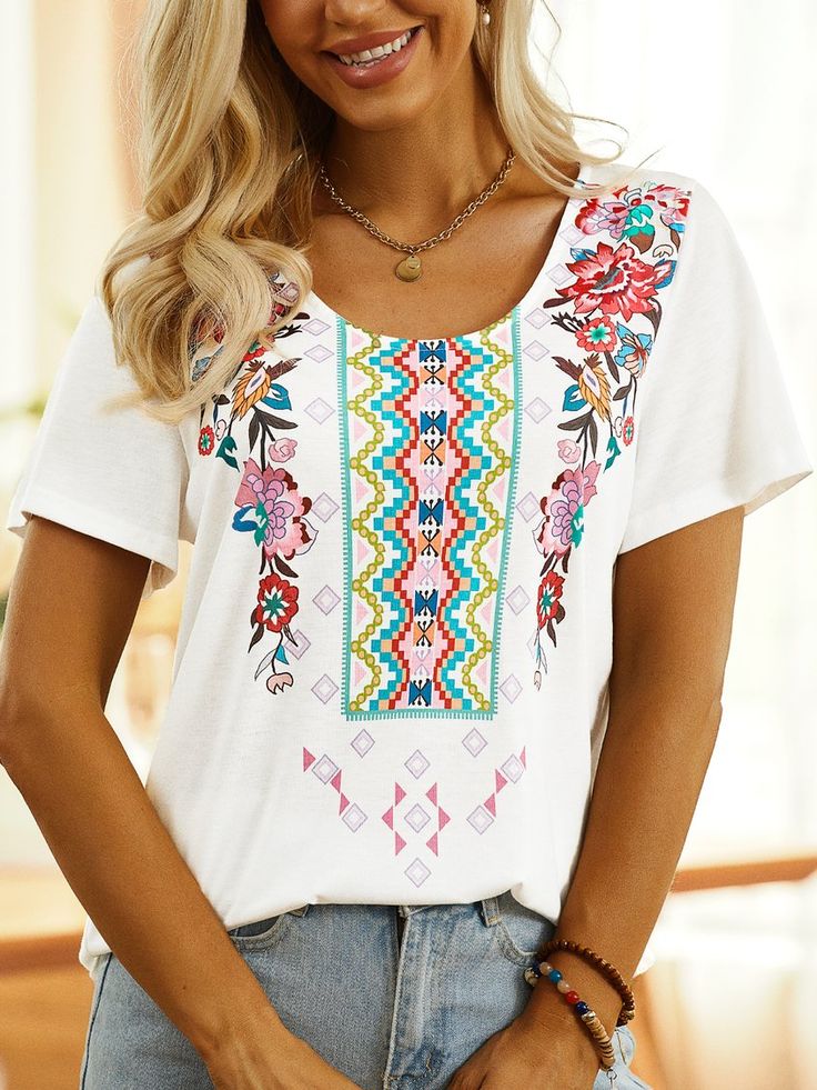 Product Details Product Title: V Neck Boho T-Shirt QAW45 S: (CM) Shoulder 39.2,Bust 98,Sleeve Length 19.5,Length 65 M: (CM) Shoulder 40.5,Bust 103,Sleeve Length 20,Length 66.5 L: (CM) Shoulder 41.8,Bust 108,Sleeve Length 20.5,Length 68 XL: (CM) Shoulder 43.1,Bust 113,Sleeve Length 21,Length 69.5 XXL: (CM) Shoulder 44.4,Bust 118,Sleeve Length 21.5,Length 71 3XL: (CM) Shoulder 45.7,Bust 123,Sleeve Length 22,Length 72.5 Clothes Length: Regular Sleeve Length: Short sleeve Edition type: Fit Elasticit Spring Patterned Short Sleeve T-shirt, Patterned Graphic Tee For Summer, Summer Patterned Graphic Tee, Summer Patterned Cotton T-shirt, Patterned Cotton Crew Neck Top, Summer Patterned Crew Neck Tops, Summer Graphic Tee With Pattern, Patterned Crew Neck Graphic Tee, Patterned Graphic Tee With Crew Neck