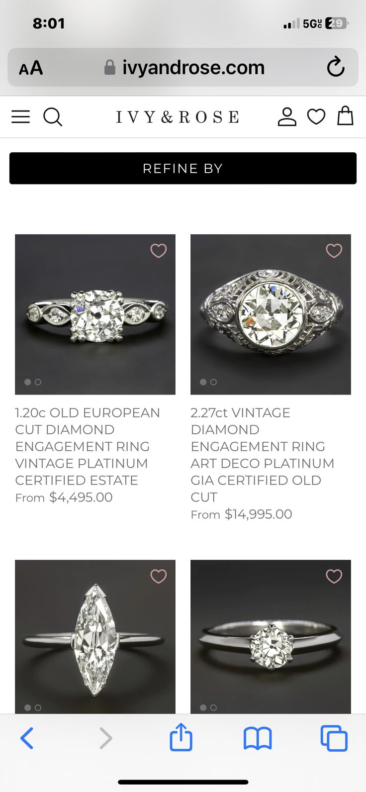 an app showing the different types of engagement rings and their price tag, with instructions to choose which one is right for you