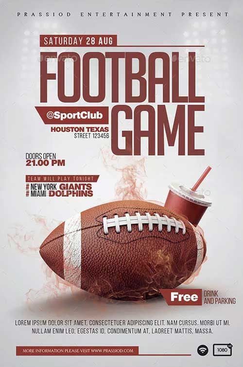 a football game flyer with a drink on it