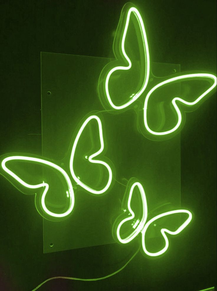 three neon butterflies sitting on top of a wall