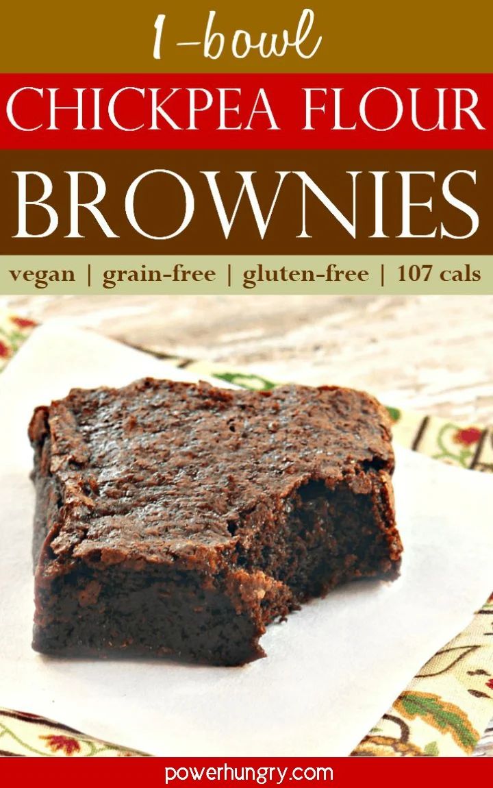 two brownies are stacked on top of each other with text overlay that reads 1 - bowl chickpea flour brownies