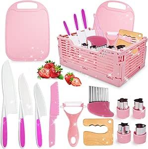 the pink kitchen utensils are organized and ready to be put into the basket