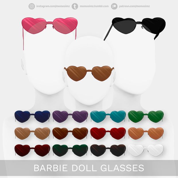 barbie doll glasses with heart shaped frames and shades in various colors, sizes and shapes