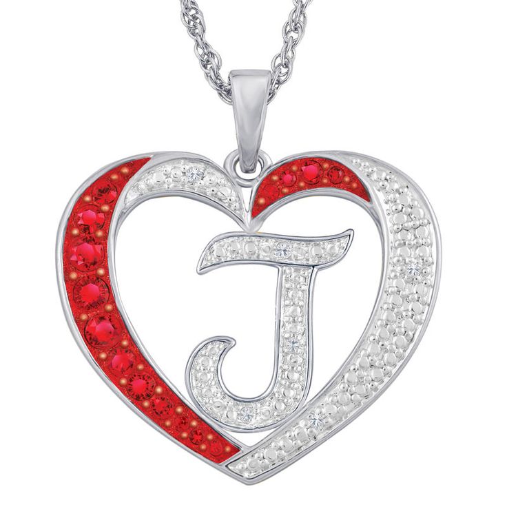 Embraced in love… Gorgeous Rhodium-plated heart pendant.  Your initial aglow with genuine diamonds.  Embraced by sparkling ruby-red crystals. Red Diamond Heart Pendant Jewelry, Red Heart Cut Diamond Accent Jewelry, Red Heart Cut Diamond Accented Jewelry, Red Heart Cut Jewelry With Diamond Accents, Red Cubic Zirconia Heart Pendant Jewelry, Mother's Day Red Cubic Zirconia Jewelry, Red Cubic Zirconia Jewelry For Mother's Day, Valentine's Day Cubic Zirconia Initial Pendant Jewelry, Personalized Red Double Heart Jewelry