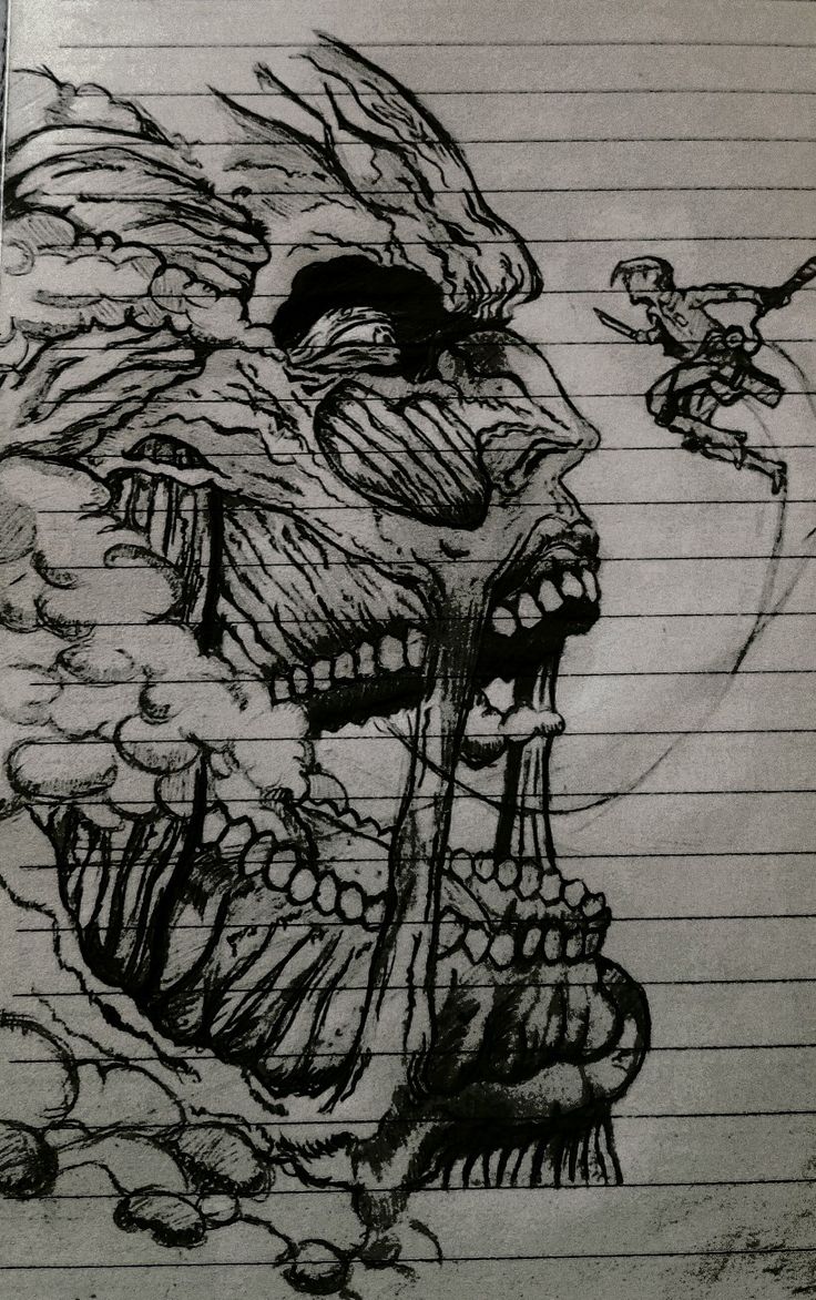 a pencil drawing of a demon with his mouth open and teeth out, on lined paper