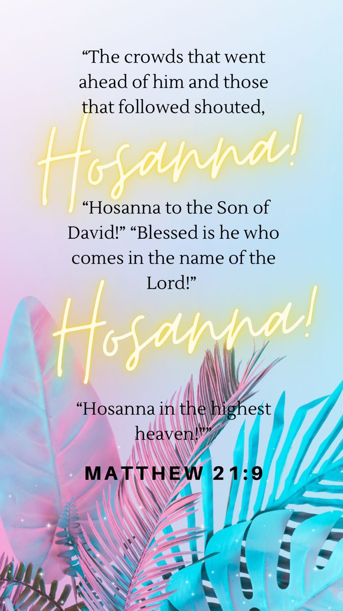 an image with the bible verse written in bright blue and pink, surrounded by tropical leaves