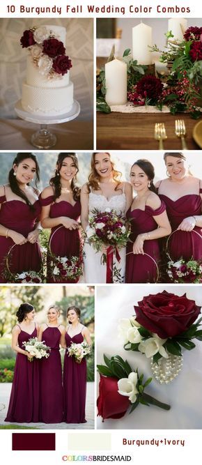 the bridesmaids are all dressed in burgundy and white