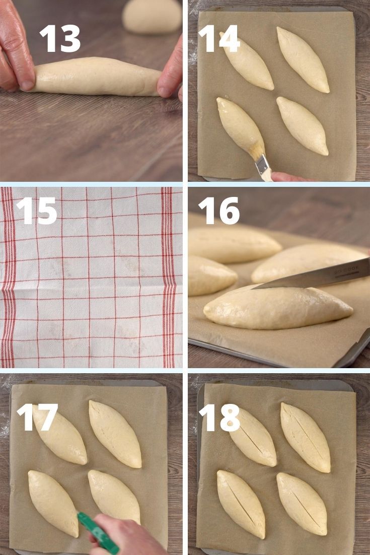 the steps to making bread are shown in four different stages, including dough being rolled and uncooked