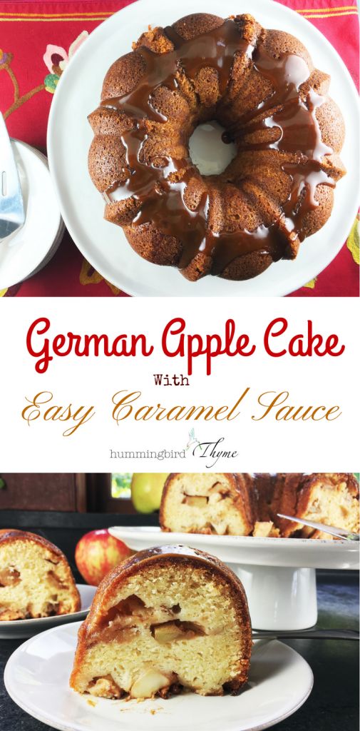 german apple cake with easy caramel glaze on the top and an upside down bundt cake in the middle