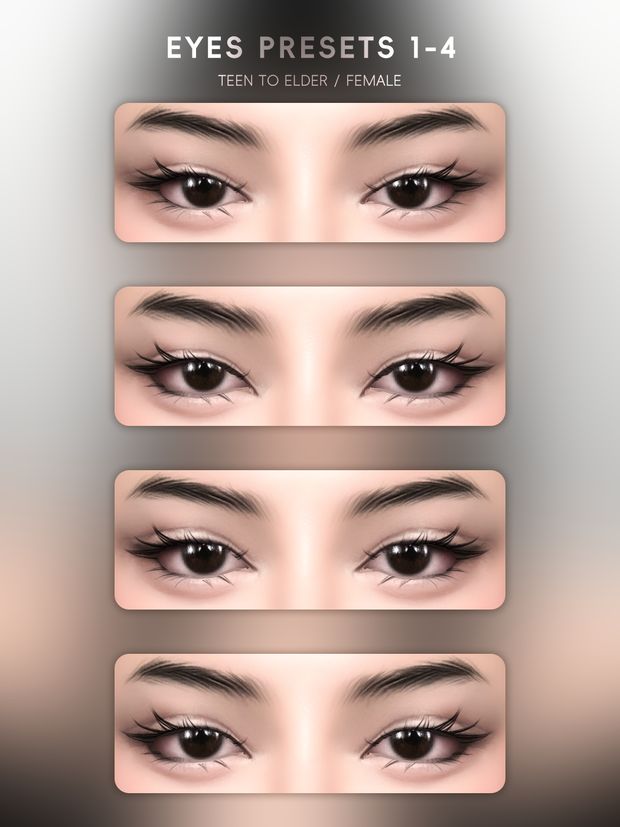 the eyes and eyebrows are shown in three different positions, including one with long lashes