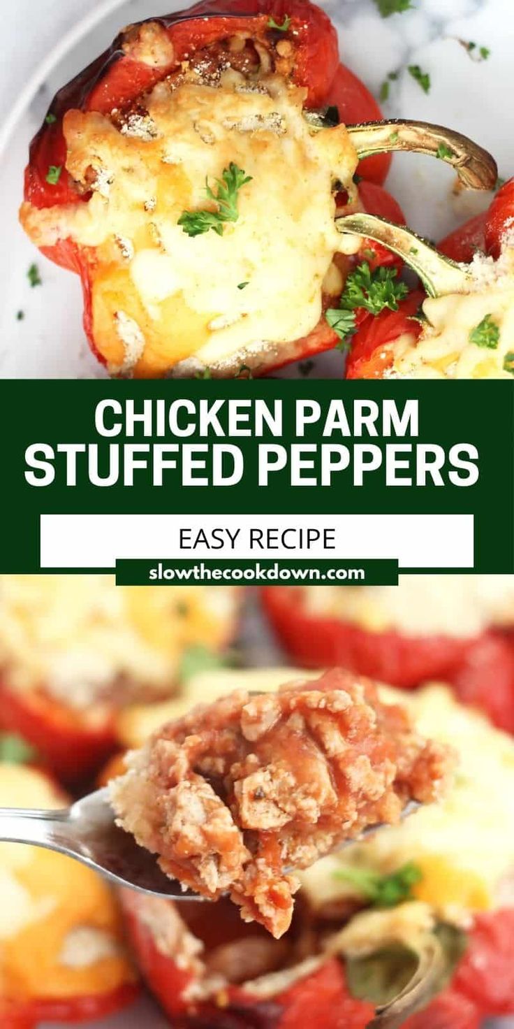 chicken parm stuffed peppers on a white plate with a fork in it and the title overlay reads easy recipe