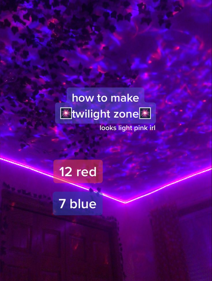 the ceiling is covered in purple lights and has an image of flowers on it that reads, how to make twilight zone looks light pink