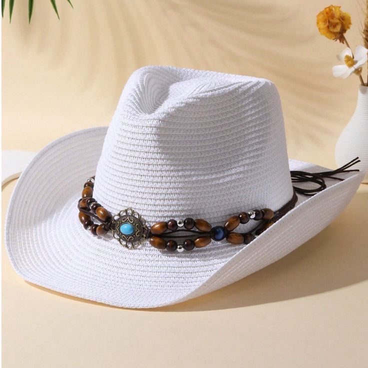 Boho Cowgirl Hat With Beaded Decor Belt * Color: White * Size: Medium * Crown: 57cm-22.4” * 100% Straw White Straw Hat Bands For Country Events, White Straw Fedora For Rodeo, Country Style White Straw Hat Bands, Adjustable White Straw Fedora, White Straw Fedora For Beach Season, Adjustable White Fedora Straw Hat, White Summer Hat Band For Beach, White Straw Hat Bands For Beach, White Summer Hat For Rodeo