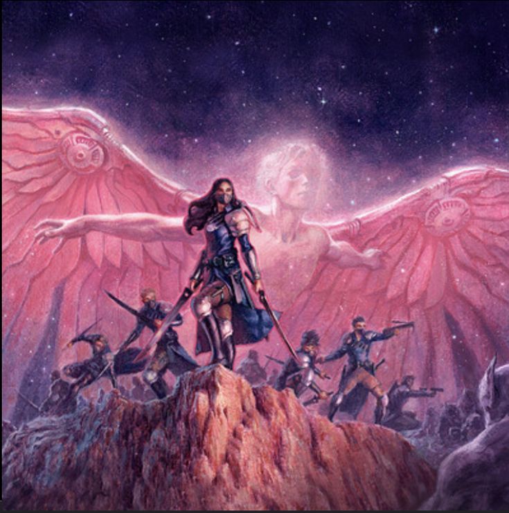 a painting of a woman with wings on top of a mountain surrounded by other people