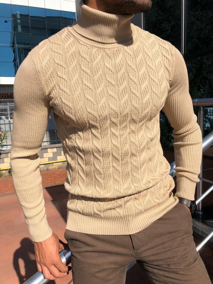 Calvin Slim-Fit Turtleneck Knitwear Beige – brabion Beige Color Code, Color Clothes, Mens Turtleneck, Fashion Sweaters, Slim Sweater, Fitted Turtleneck, Stylish Mens Outfits, Knitwear Men, Mens Casual Outfits