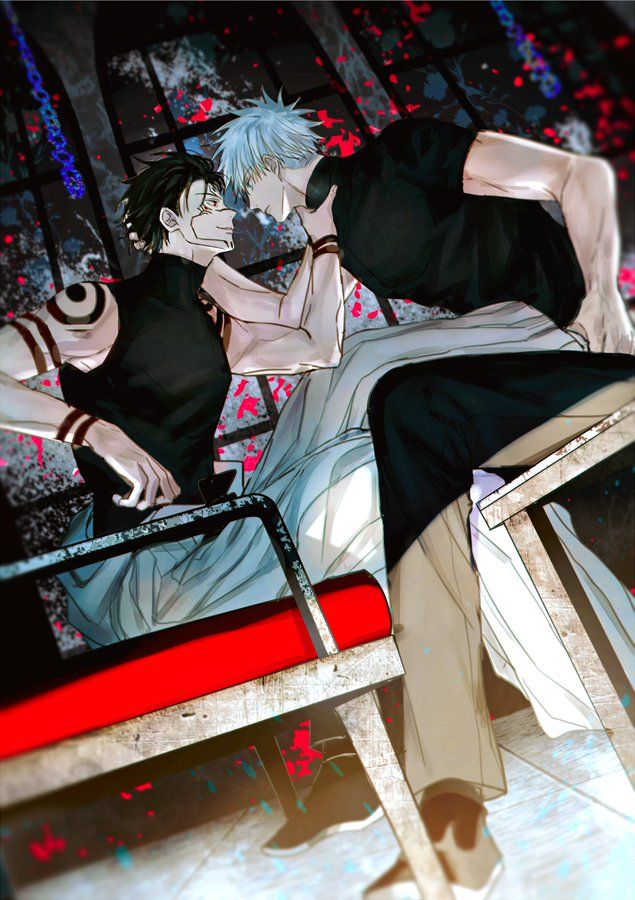 two anime characters laying on a bench