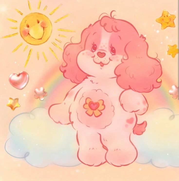 a pink teddy bear standing on top of a cloud next to a sun and stars