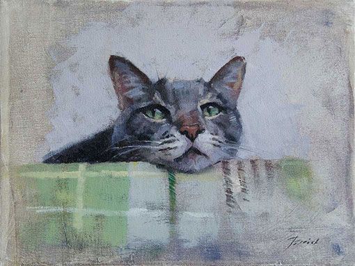 a painting of a cat resting its head on the edge of a green table cloth