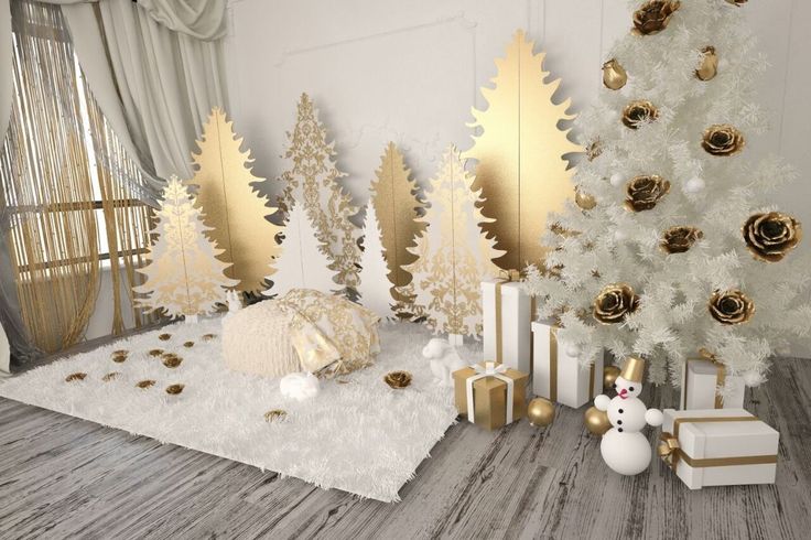 a room decorated for christmas with white and gold trees, presents, and snowmen