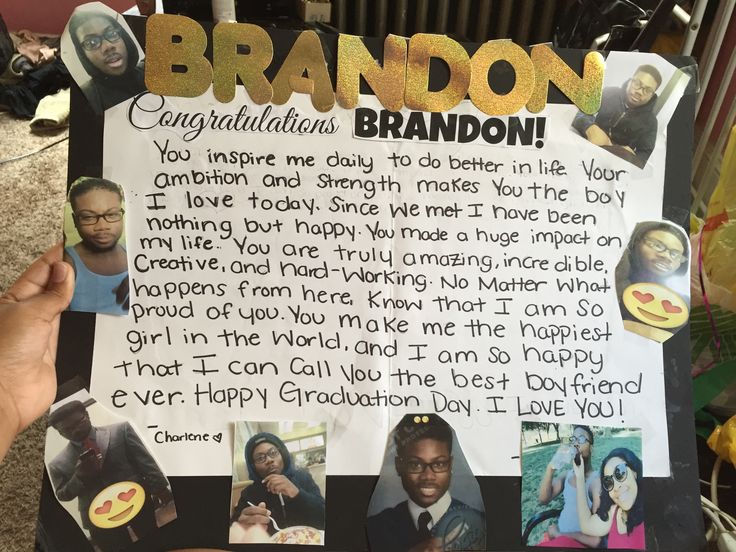 a person holding up a sign with photos on it that says, brandon congratulationss brandon