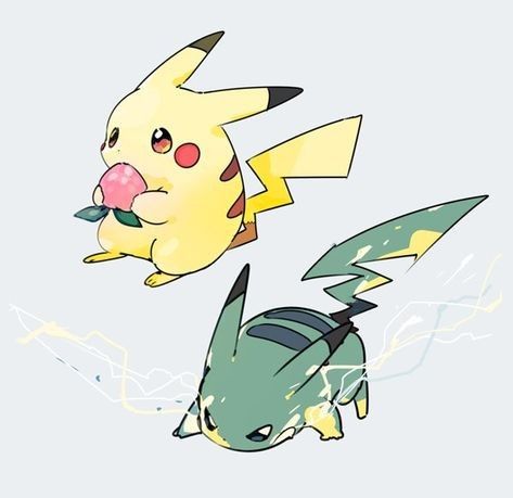 two pikachu pokemons one is eating an apple and the other is flying