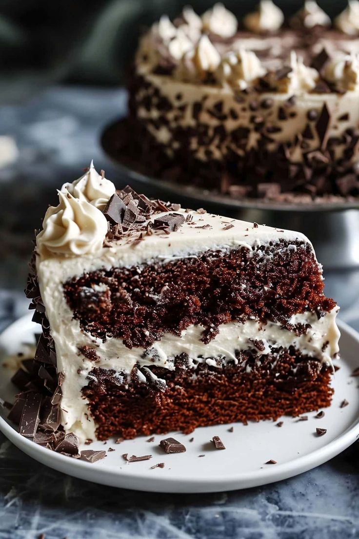 a slice of chocolate cake on a white plate