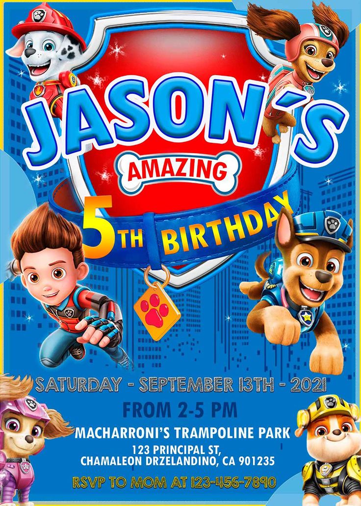 a birthday party with cartoon characters on the front and back of it, including an image of