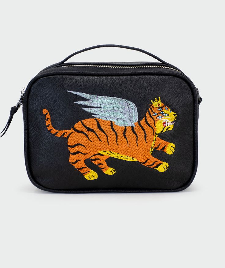 Tiger Embroidery, Flying Tiger, Black Leather Handbag, Nyc Design, Black Embroidery, Leather Box, Monogram Prints, Black Leather Handbags, One Bag