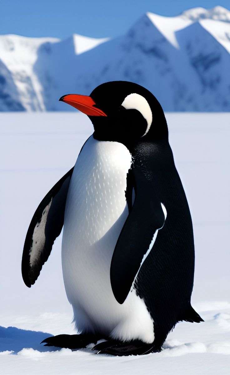 a penguin standing in the snow with mountains in the background