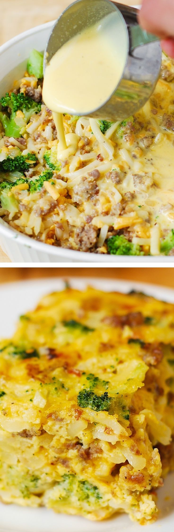 broccoli and cheese casserole being made in a white bowl with a spoon