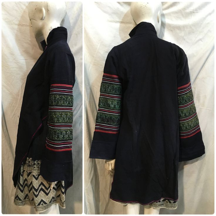 Vintage tribal Black Hmong women tunic. Age is over 20 years and still Very good condition and it is big size and I never wash it. The women worn these tunic with other vest together in the winter to keep warm . It is made from traditional indigo dyed cotton,and produced with hand embroidered pattern in two arms. Hand wash in cool water and separate Measurements Length 84 cm Sleeve to sleeve 159 cm Arm length 48 cm Underarm width 36 cm Chest 120 cm Weight 770 grams Traditional Long Sleeve Tunic For Fall, Traditional Black Cotton Outerwear, Women Tunic, Indigo Dye, Womens Tunics, Laos, Keep Warm, Big Size, 20 Years