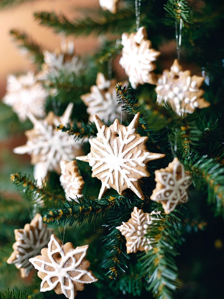 some snowflakes are hanging from a christmas tree