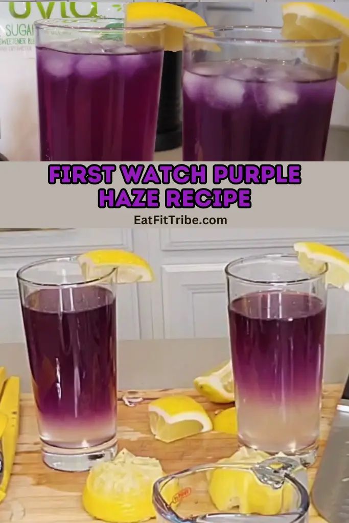 two glasses filled with purple liquid sitting on top of a wooden table next to sliced lemons