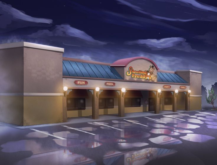 the exterior of a fast food restaurant under a night sky with stars and clouds in the background