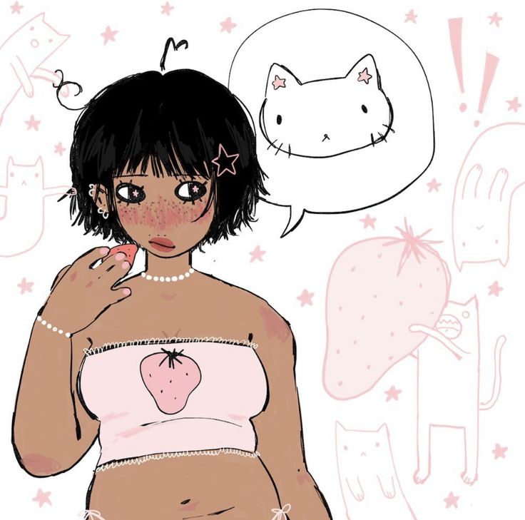 a drawing of a woman in a bathing suit with a cat above her head and an empty thought bubble