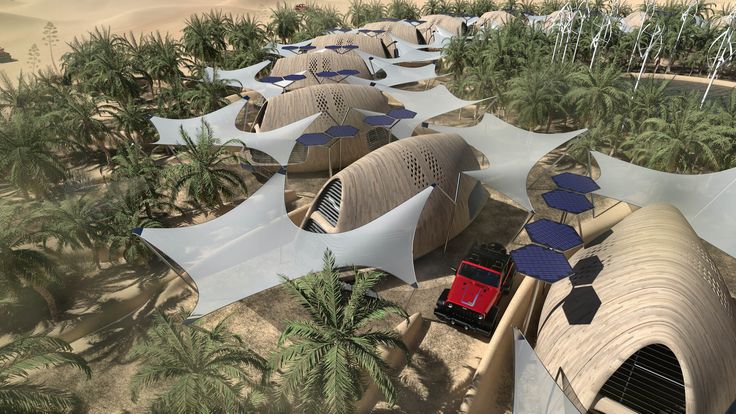 an artist's rendering of a futuristic city with solar panels on the roof and palm trees in the background